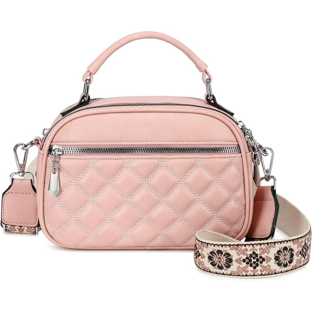 NEW Quilted Pink Crossbody Bag | Top Handle Purse w/ Boho Strap